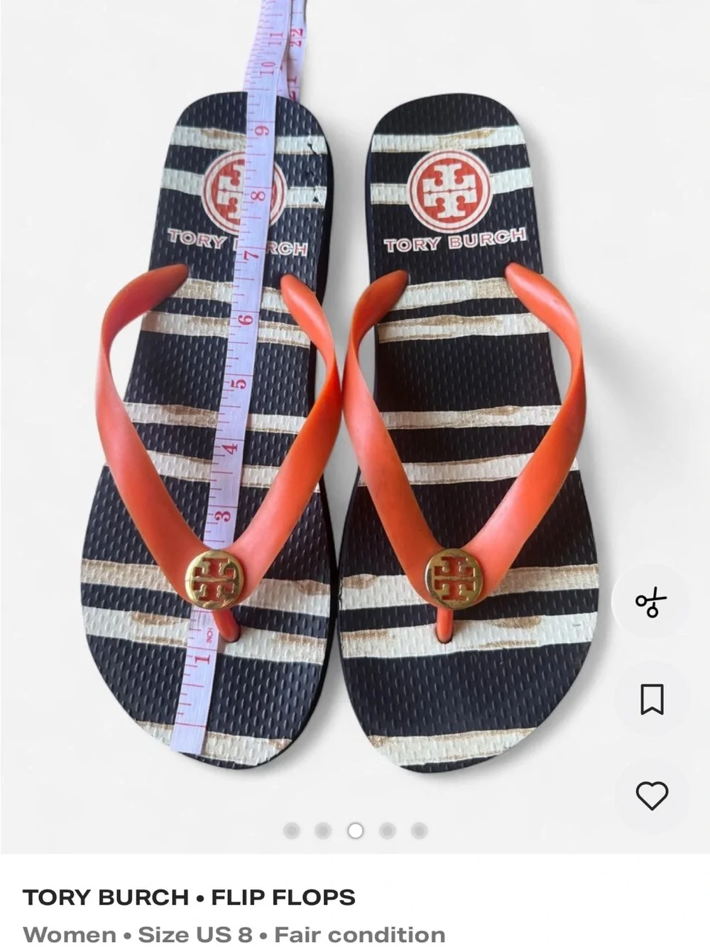 Tory Burch Kids Navy & White Stripe Flip Flops with Coral Straps Size 8